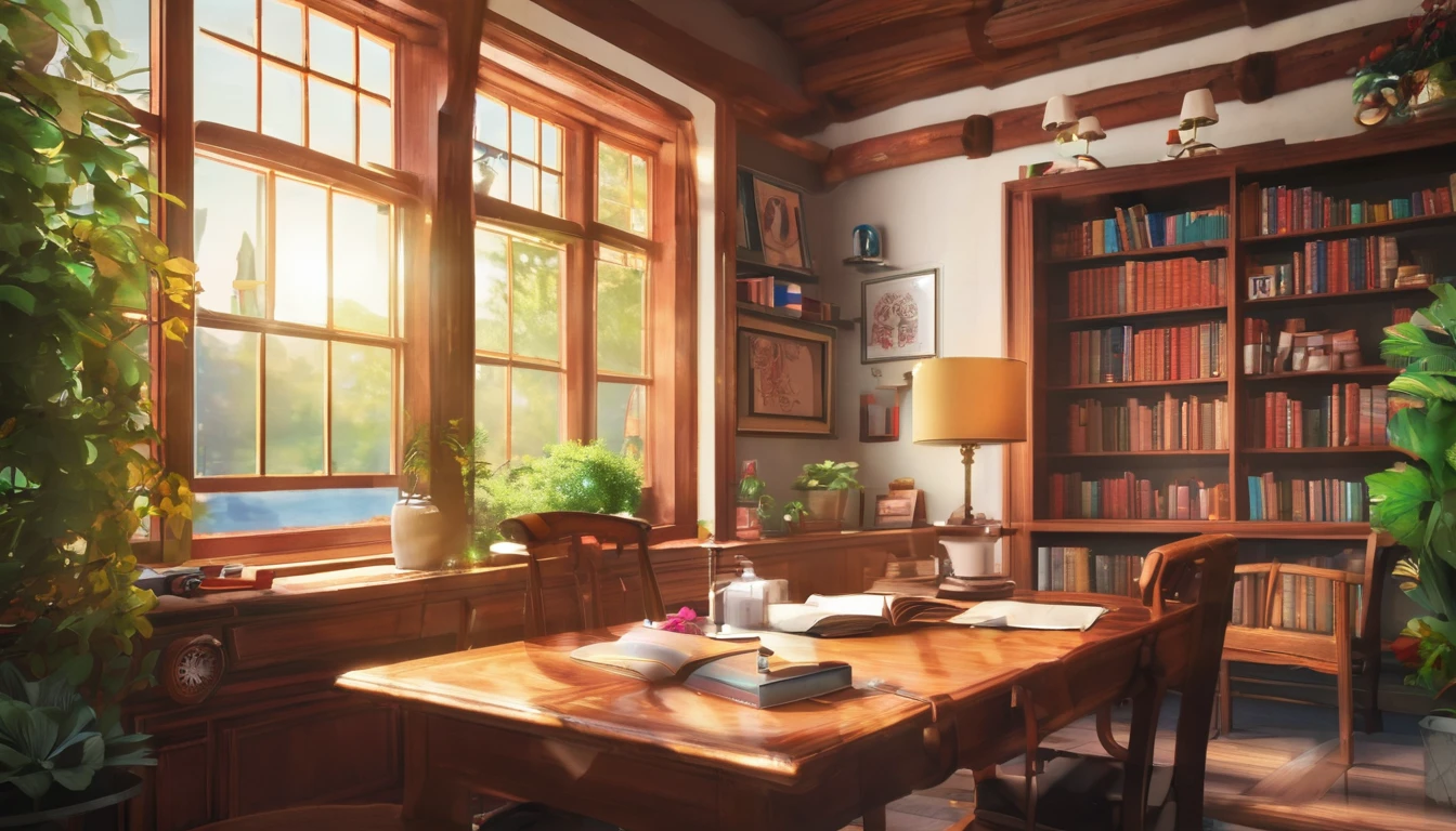 Study Room, table, computer, View beautiful nature images, Bookshelf, High resolution, high quality, 最high quality, High resolution, high quality, Advanced Details, masterpiece, anime style, anime