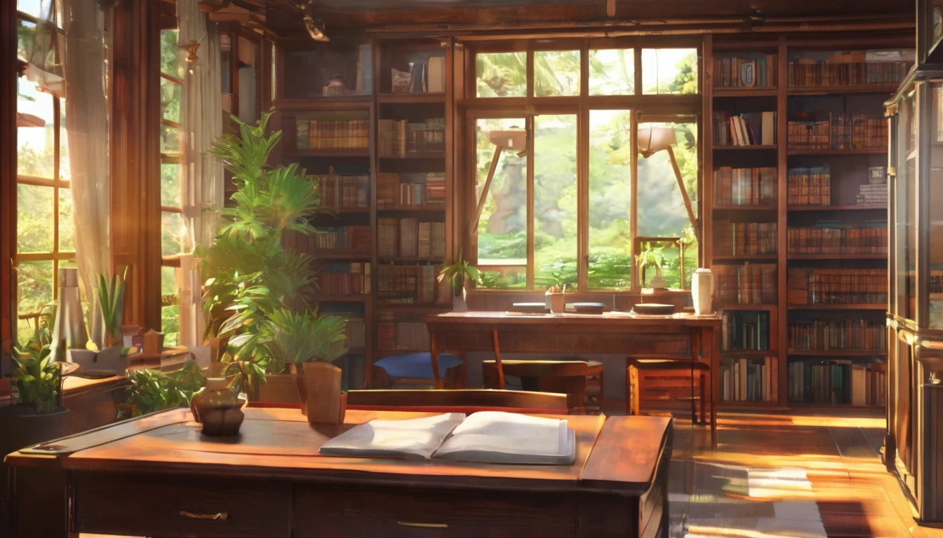 Study Room, table, computer, View beautiful nature images, Bookshelf, High resolution, high quality, 最high quality, High resolution, high quality, Advanced Details, masterpiece, anime style, anime