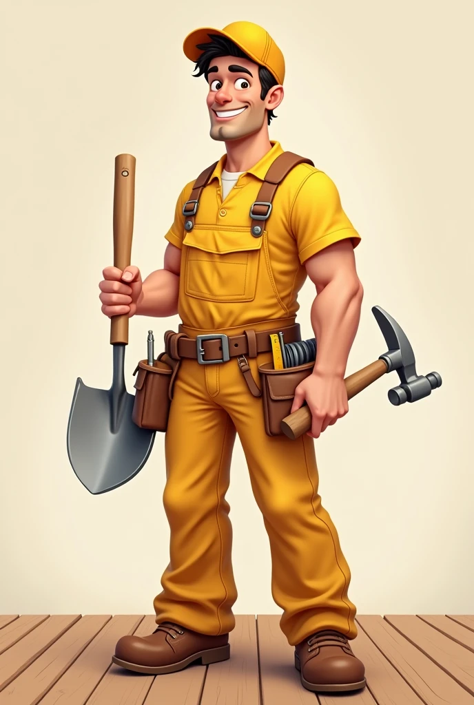 I want a picture of an adult drawn in a realistic style,. The boy must wear yellow overalls and a cap of the same color.. In one hand you should hold a shovel and in the other a hammer., In addition to having a screwdriver and a tape measure attached to the belt. The adult must be smiling, and must be standing on a wooden floor and a single-color background..But I want it to be noted that he works in carpentry and masonry, a man of maximum 20 years.
