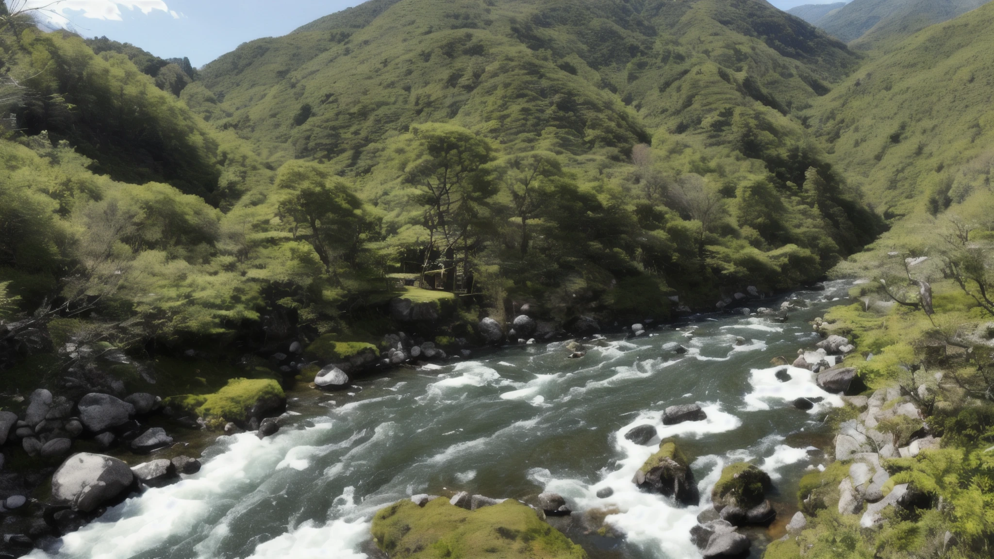8k、super high quality、masterpiece、Ultra-realistic、Winter is over、The mountain where new greenery begins to sprout々。Bright green leaves on a tree々Cover、The warm sunlight shines down on the slopes。Birds chirping、As the river flows quietly、Mountain scenery that captures the season of overflowing life。