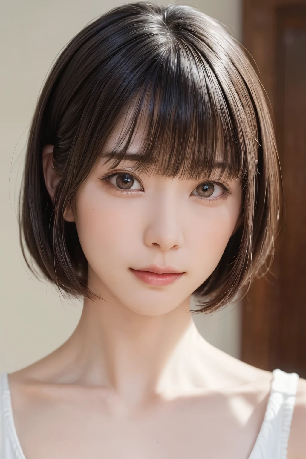 ((masterpiece, Highest quality, High resolution、Realisticですべてが美しく詳細に描かれている)), 1 person, (Realistic: 1.4), alone, White Background, snow-White Background, Mouth closed, smile, smile, Beautiful black hair, short hair, Big eyes, Transparent double eyelids, eyelash, Listen carefully, Long neck, 美しくLong neck, Absolute area, ((Face close-up)), (Draw the whole head, shoulder), 1, Attractive proportions, Glowing Skin, Beautiful clavicle, Golden ratio face, Perfect Face, Teardrop-shaped mole, chestのほくろ, bangs, clean bangs, beautiful bangs, Lip gloss, Thin lips, Fair skin, naked, Big Breasts, {Huge|big|Hugeな|Mega} chest:2, chestの谷間:2,chestの谷間を見せる、Small face, Small face, All the heads are painted, shoulder all drawn, Point slightly above the camera