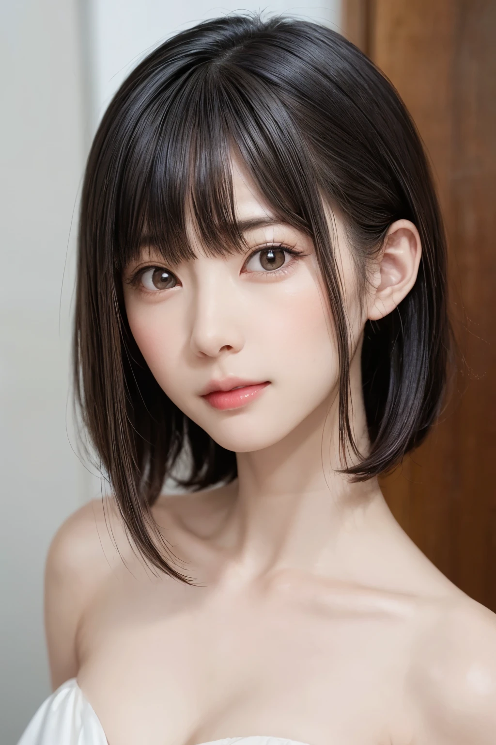 ((masterpiece, Highest quality, High resolution、Realisticですべてが美しく詳細に描かれている)), 1 person, (Realistic: 1.4), alone, White Background, snow-White Background, Mouth closed, smile, smile, Beautiful black hair, short hair, Big eyes, Transparent double eyelids, eyelash, Listen carefully, Long neck, 美しくLong neck, Absolute area, ((Face close-up)), (Draw the whole head, shoulder), 1, Attractive proportions, Glowing Skin, Beautiful clavicle, Golden ratio face, Perfect Face, Teardrop-shaped mole, chestのほくろ, bangs, clean bangs, beautiful bangs, Lip gloss, Thin lips, Fair skin, naked, Big Breasts, {Huge|big|Hugeな|Mega} chest:2, chestの谷間:2,chestの谷間を見せる、Small face, Small face, All the heads are painted, shoulder all drawn, Point slightly above the camera