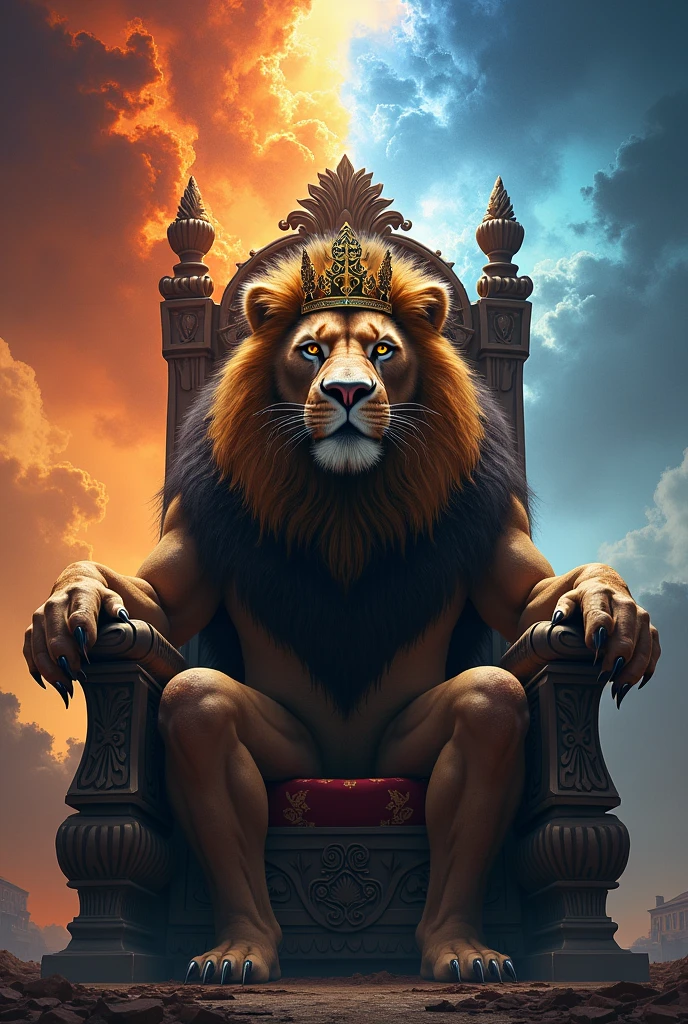 Mean lion with crown sitting in a kings chair with heaven and hell behind it