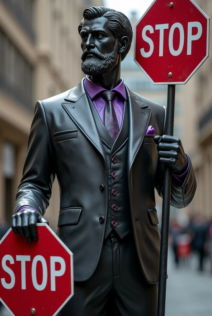 Greek statue dressed in a black suit with purple details holding a traffic sign that says STOP