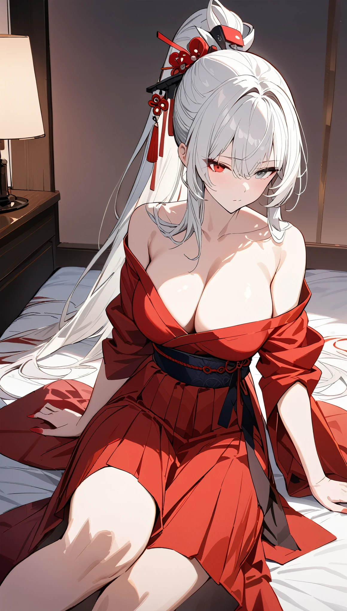 (best quality:1.3), (masterpiece:1.3), (illustration:1.3), (ultra-detailed:1.3), 1girl, white hair, solo, large breasts, tall, mature, long hair, expressionless, red kimono, off-shoulder kimono, hair ornament, heterochromia, red eyes, gray eyes, red scarf, Japanese, ponytail, seductive, hakama skirt, sitting, side cut, lying on bed, bed,