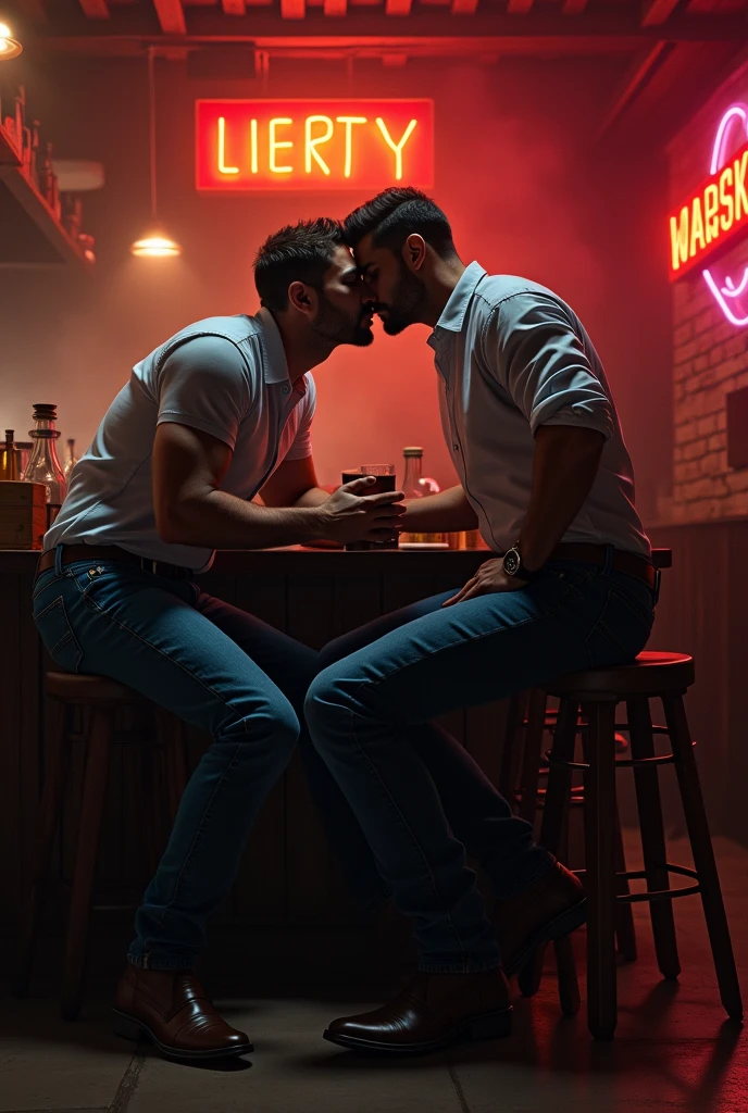 A handsome sexy young man sitting in a cowboy bar with 2 gay male friends one talks in his ear and the other touches his butt