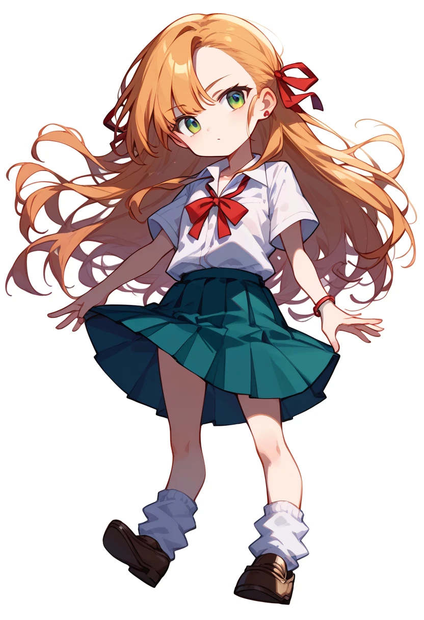 masterpiece, (score_9,score_8_up,score_7_up,score_6_up), 1 girl, green eyes, little sassy, bitch / cockslut / whore, skinny, tsurime, asymmetrical bangs, long hair, (blond hair:1.3), (school uniform), (white collared shirt, plain pattern shirt, short sleeves, shirt tucked in:1), (red plain pattern narrow neck ribbon:1.2), brown loafers, white loose socks ,chibi only,chibi,