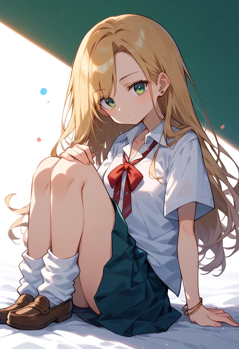 masterpiece, (score_9,score_8_up,score_7_up,score_6_up), 1 girl, green eyes, little sassy, bitch / cockslut / whore, skinny, tsurime, asymmetrical bangs, long hair, (blond hair:1.3), (school uniform), (white collared shirt, plain pattern shirt, short sleeves, shirt tucked in:1), (red plain pattern narrow neck ribbon:1.2), brown loafers, white loose socks ,chibi only,chibi,