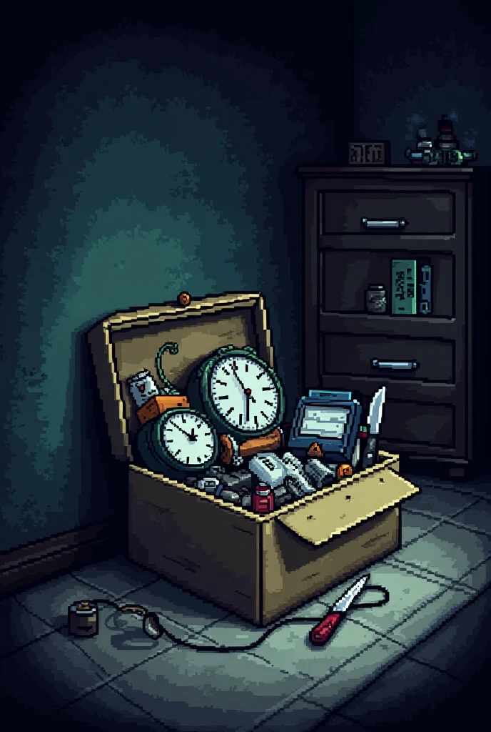 Spawns a box under a dark bed, in that box there is, old clocks, video tapes, threads, among other extra things but what stands out most of those things is a kitchen knife, All this with a video game-like pixelated style similar to the visual style of Undertale.