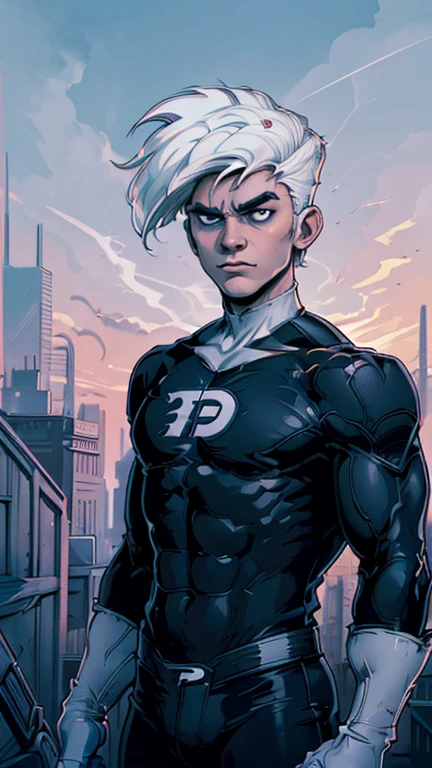 (1boy, danny phantom), (extremely detailed CG unit 8k wallpaper),(master part), (best quality), (ultra detail), (best illustration),(art adams style), cowboy shot, (Sharp eyeliner, ombre, detailed eyes:1), city, outdoors background, ,break , (Dan Mumford Background), upper body, (white hair,  white gloves, standing)