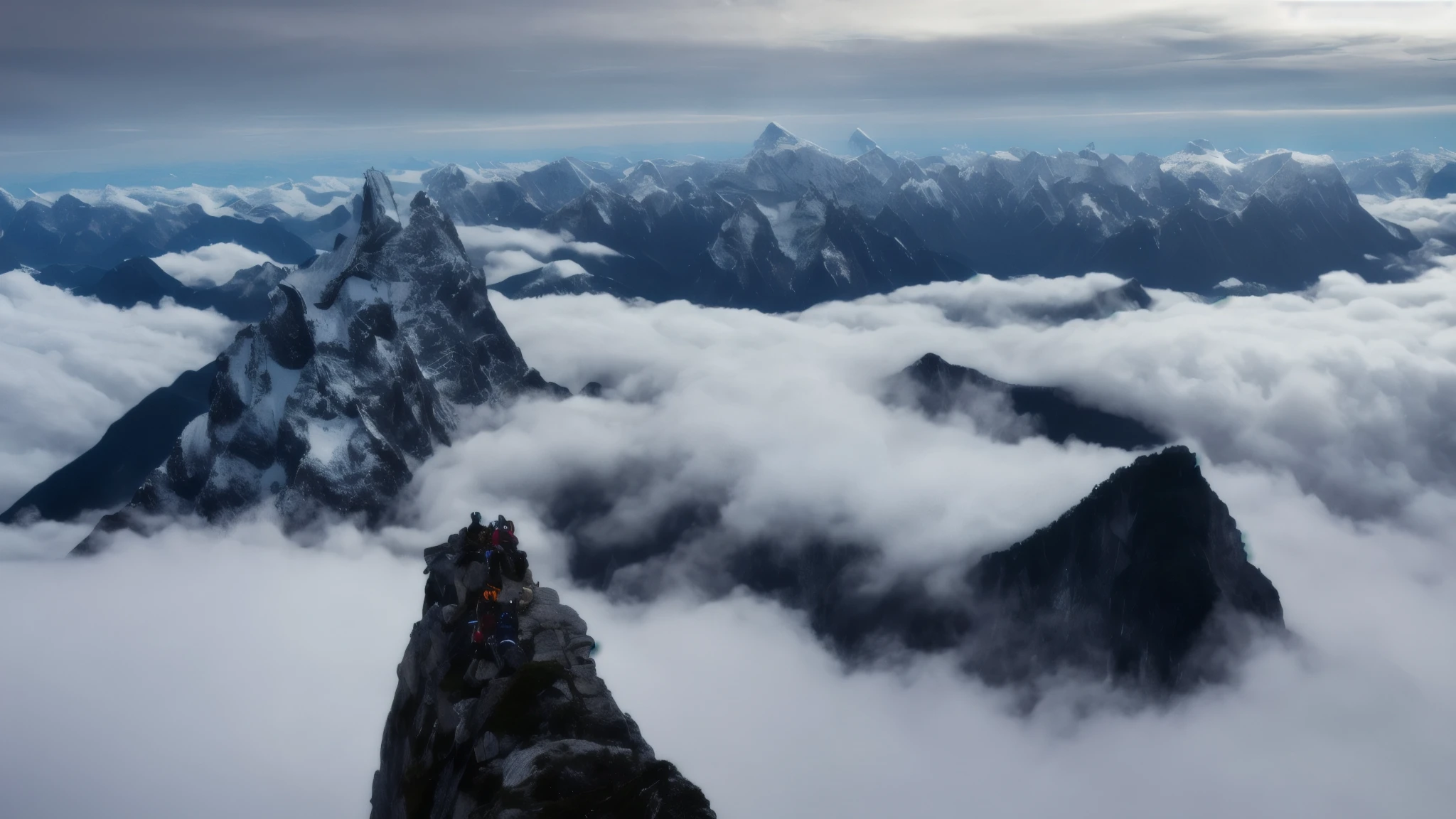 8k、super high quality、masterpiece、Ultra-realistic、The summit that the climbers reached、shrouded in thick fog。When the wind blows、Mountains through the mist々The range and valleys are briefly seen.。The mist brings a sense of tranquility and mystery、A fantastic sight。