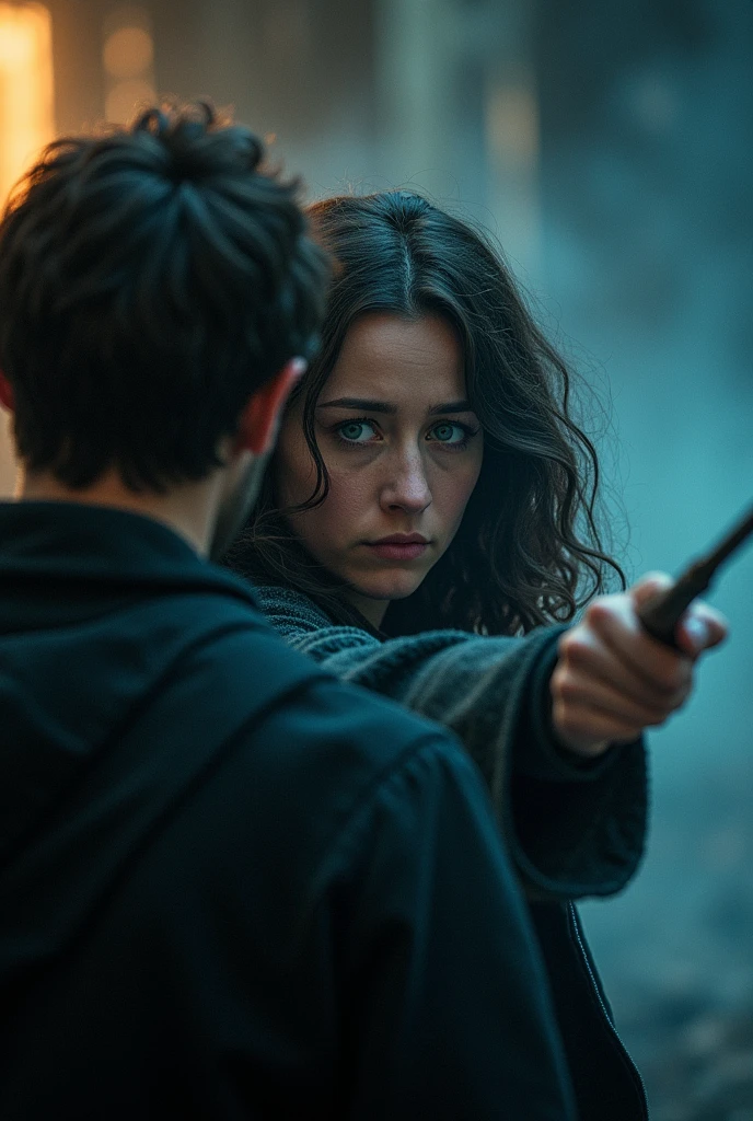 A woman with wavy dark brown hair and blue eyes pointing her wand at a man with his back turned, her gaze showing suffering. Don't focus on the man's face