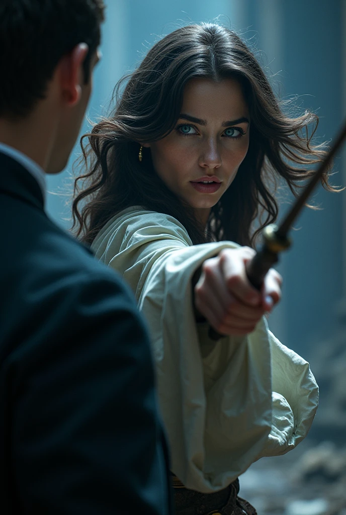 A woman with wavy dark brown hair and blue eyes pointing her wand at a man with his back turned, her gaze showing suffering. Don't focus on the man's face