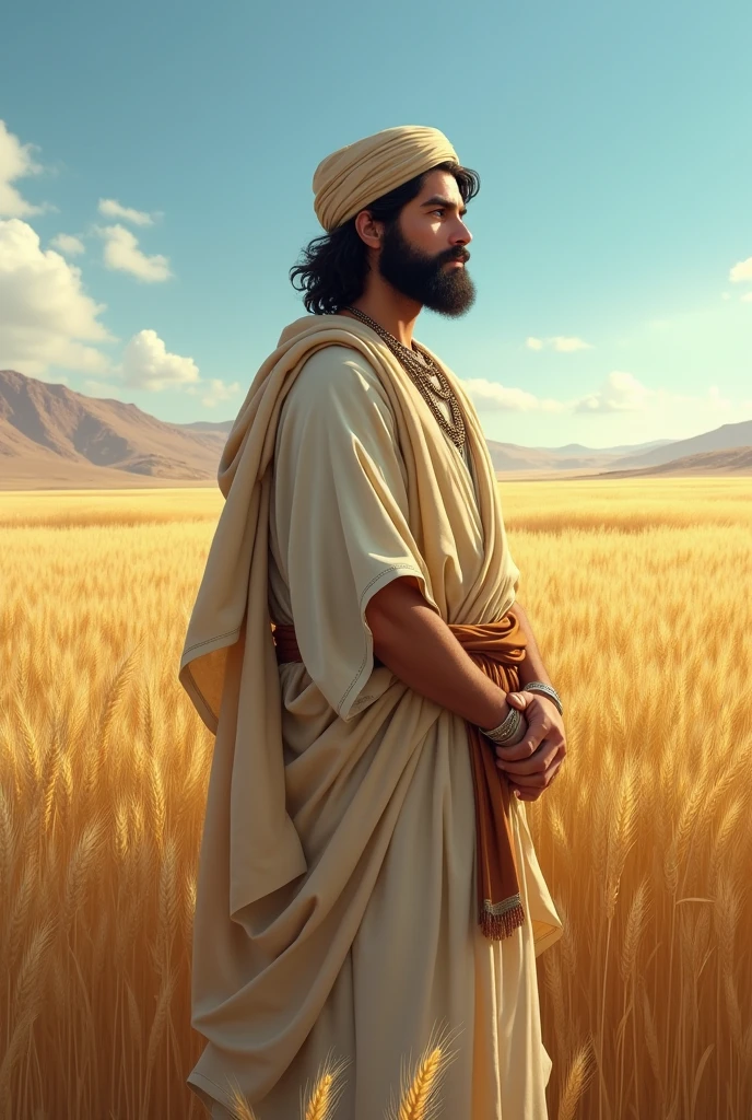 Generate a realistic image of Boaz, adult with beard, comes with a full light-colored tunic, medium long black hair with a turban, blue eyes. based on the story of Ruth according to the Bible. Which was observing a wheat field