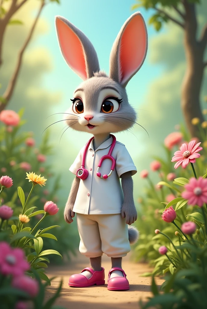 TEENAGE rabbit female type, GREY COLOR stop WITH nurse suit white pants and white blouse, Pink cross type shoes, A pink stethoscope hung around his neck, eyes light brown, IN A LANDSCAPE OF HERBS, Disney , warm colors, by Greg Rutkowski, by Alphonse Mucha.