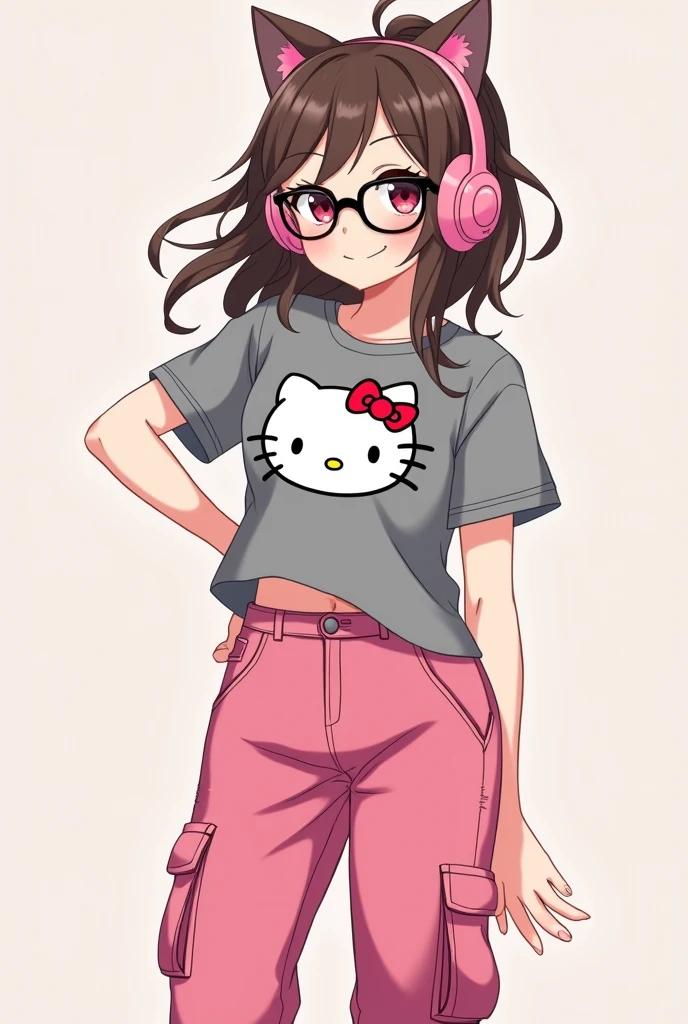 (female anime character  brown hair pink cat headphones black glasses grey hello kitty shirt pink cargo pants 