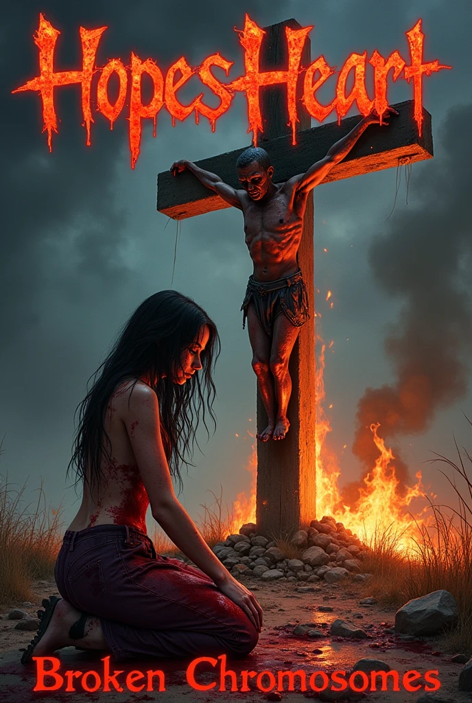 an album art cover for a deathcore, metalcore band. There is a girl kneeling on the ground bloody and bruised , bloody and bruised, she is kneeling before a large cross, there is a demon on the cross. The cross is on fire. At the top of the image text reads “”HopesHeart”. At the bottom of the image text reads “Broken Chromosomes”.