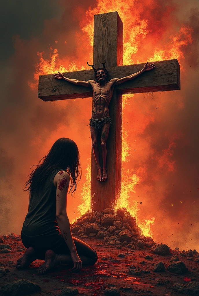 Photograph the upper body、1 girl, realisitic, Raw photo, japanaese girl, (fullnude:1.9), (Beautiful and cute face:1.4), 18year old, bobhair, Black hair、(Crucifixion to a burning cross engulfed in flames on stage:1.8), (Tied to a cross with barbed wire:1.5), not any dressed、Witch hunt、Witch trials