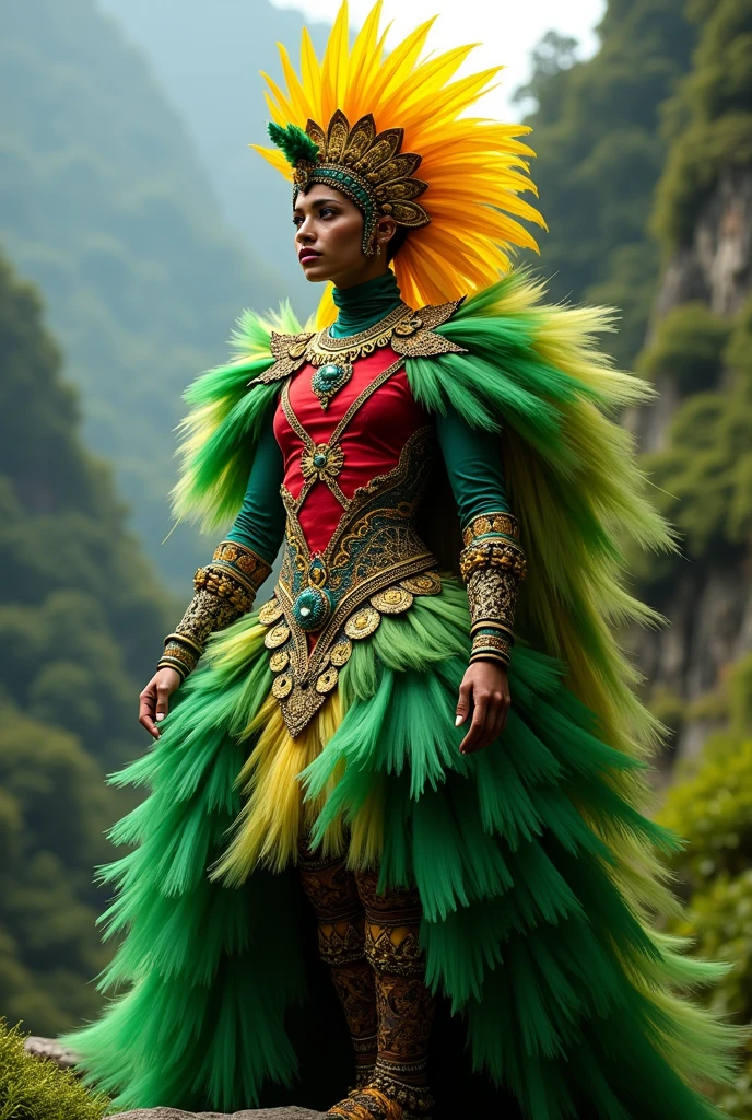 Quetzal fancy dress, that has red color on the chest, green on the skirt and/or tail and yellow on the head