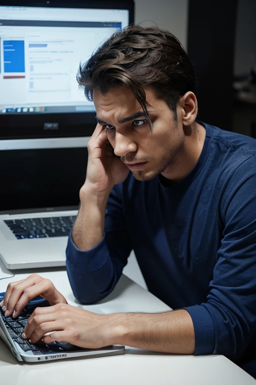 male person looking at laptop screen, with great concern because the laptop has a virus , The laptop screen is blue and he is also infected with a virus