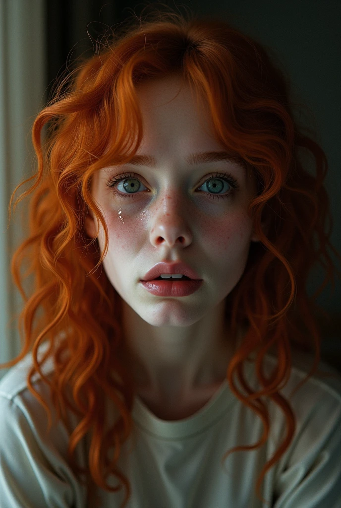 a white girl with curly red hair crying
