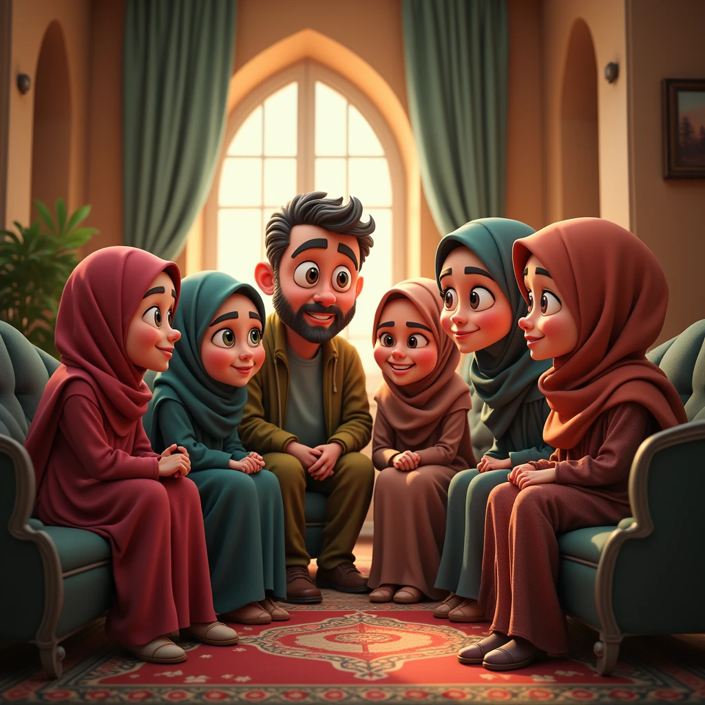 ((3 man sitting), (3 hijabbed woman)), caricaturized, fantasy art, happy expression, extreme detail, masterpiece, cinematic lighting, 4k, indoor background