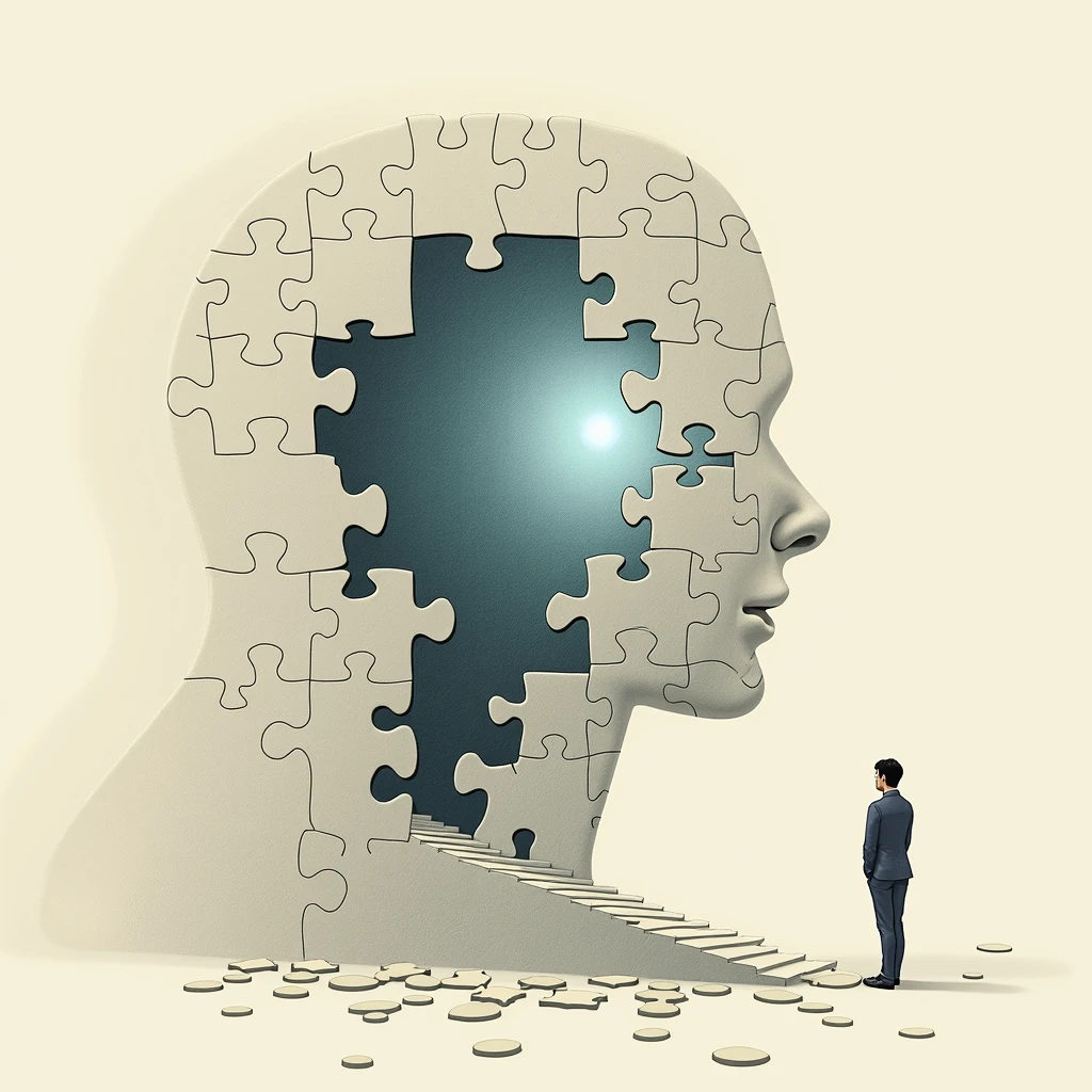 As more pieces fit into place, the puzzle transforms into a beautiful picture, representing the transformation of one's life, Illustration Drawing Stoicism