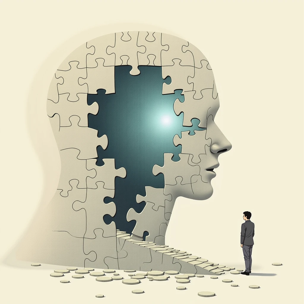 As more pieces fit into place, the puzzle transforms into a beautiful picture, representing the transformation of one's life, Illustration Drawing Stoicism
