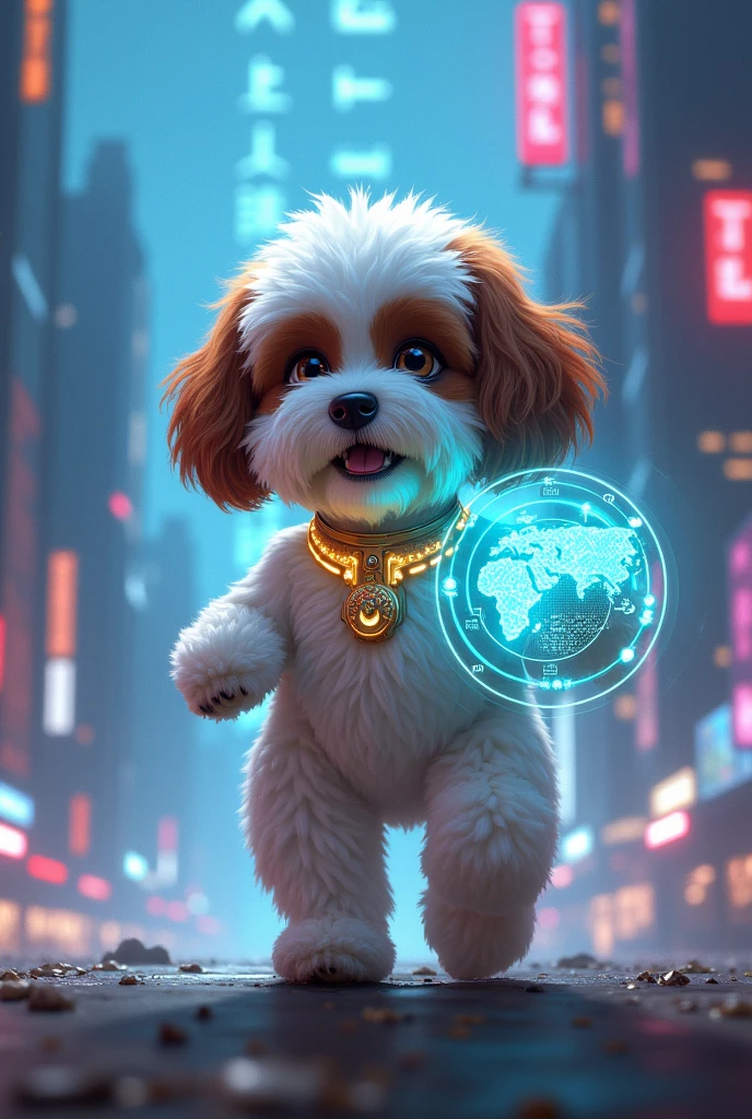Royal female Gigi Bichon Havanese with brown and white spotted face and black chestnut ears, in the middle of a dazzling futuristic city. Tall glass and metal buildings rise in the background, illuminated by neon lights and floating holograms. Cooper is in the foreground, with its bright white fur contrasting with the city lights. He wears a technological necklace that emits a faint glow..On its paws, He holds an ancient device with a holographic screen that projects a glowing map. Around it, You can see details of the underground city and the adventure you are about to embark on..