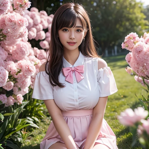 Pink short pleated skirt, in the flower field,Wearing a white sailor suit,white shirt,(knee shot) ,pink bow tie,Pink navy collar,1 female, On the face, laughing out loud, light brown hair, blunt bangs, hair behind ears, Shoulder-length hair, long hair, Slender body type, 超face slimming型, face slimming, delicate lips, beautiful eyes, Thin blush, Eyes are light brown,View here, (actual:1.3), One person's perspective, 8k, Super detailed, high quality, best quality, High resolution, ,Large Breasts,wear a H cup, 3,above knee shot