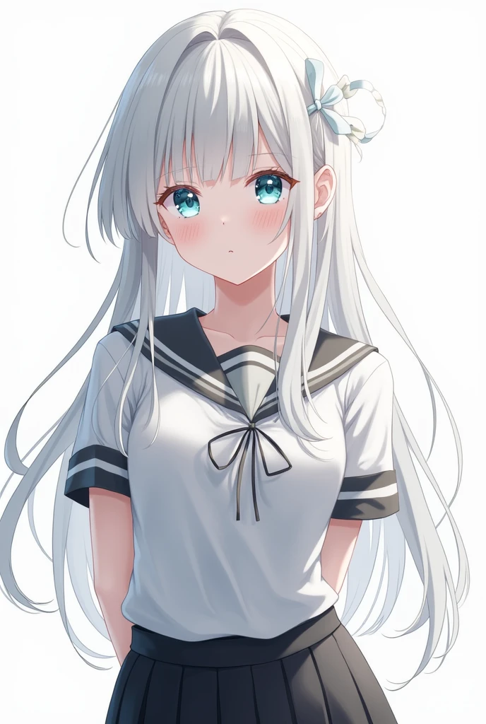 masterpiece, best quality, 1girl, looking at viewer, hair between eyes, aqua eyes, white hair, long hair, ribbon, hair ribbon, school uniform, pleated skirt, white shirt, black skirt, short sleeves, arms behind back, embarrassed, blush,