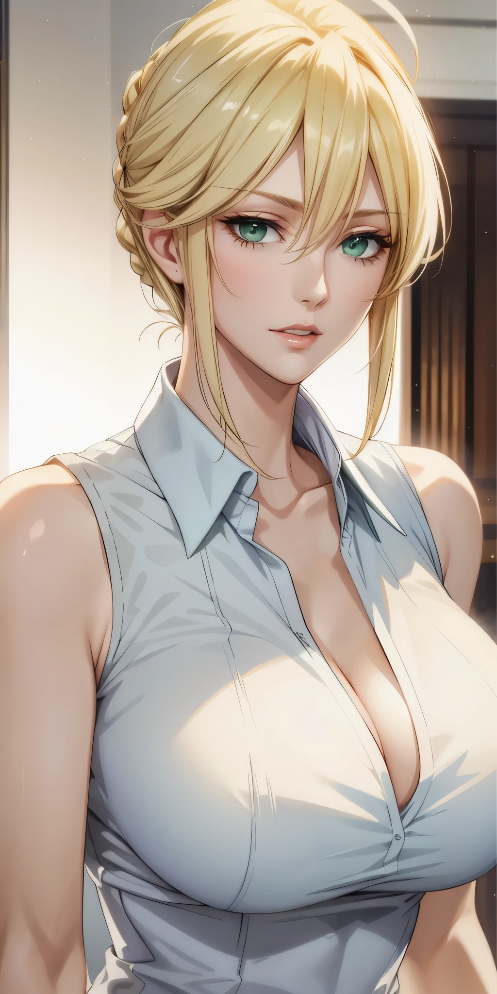 Elegant mature female, artoria pendragon, blonde, green eyes soft light, high quality, 4k resolution, beautiful cg
