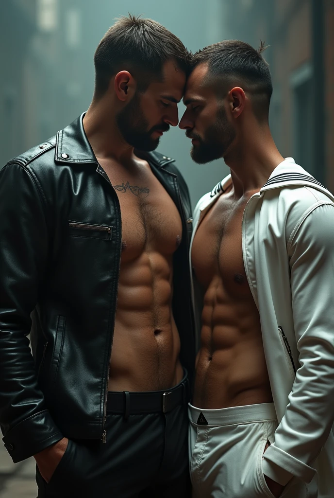 Two men! A mature man in leather and a naval soldier. Wearing a white sailor suit!,, gay art, Finnish style Tom, Finnish Tom, bearded sexy sailor suit triangle thongs, more details, background scattering 1.8 HD 8k real photos! Sex. Chest muscles! Chest hair! ((Monochrome)), ((grayscale)),tattoo. white hair Smoke, movie feeling! Movie lights! Award-winning poster