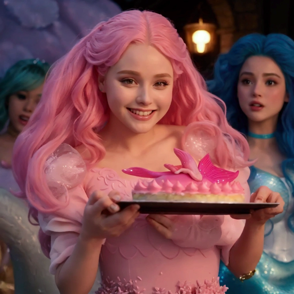 araffe with pink hair holding a cake with pink frosting, always after discharge, Annasophia Robb como Afrodite, kristen bell as a mermaid, long bubblegum hair, dove cameron in a knight armor, with pink hair, ariana grande as a mermaid, still promotional, bubblegum hair, pink iconic character, film still promotional image, cena do filme live-action
