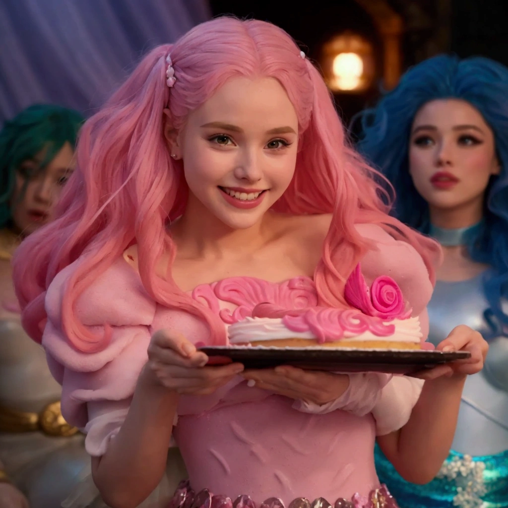 araffe with pink hair holding a cake with pink frosting, always after discharge, Annasophia Robb como Afrodite, kristen bell as a mermaid, long bubblegum hair, dove cameron in a knight armor, with pink hair, ariana grande as a mermaid, still promotional, bubblegum hair, pink iconic character, film still promotional image, cena do filme live-action