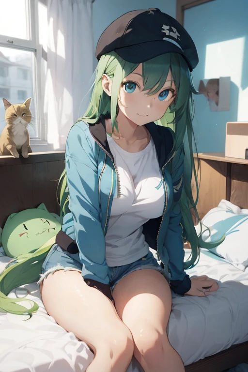 1 female, green long hair, huge breast, thick legs, shy face, light blue eyes, high school jacket, blue demin jean short, cap, white t-shirt, 2010s anime, at home, bedroom, in the bed, animals, cat, dog