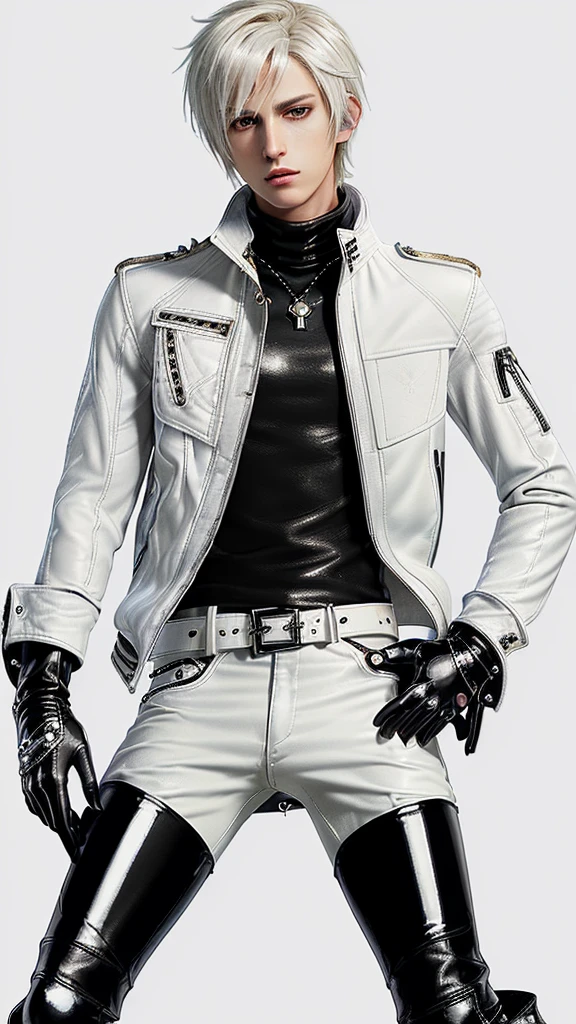 Final fantasy taste and reality graphics, Japanese young cute and cool ikemen boy, his age is early 20s, thin eyebrows and beady eyes, (((he wearing off white color single-brest leather jacket and with epaulet))), ((leather jacket close all zippers)) , ((jacket is high length and stand-up collar with belts)),, ((also wearing black thick turtleneck polyester shirts)), put on tight black leather pants, (((put on shiny black leather glove,covers full finger))), black leather knee-high raceup boots, head-to-toe,whole body, boy looks like fashion model,