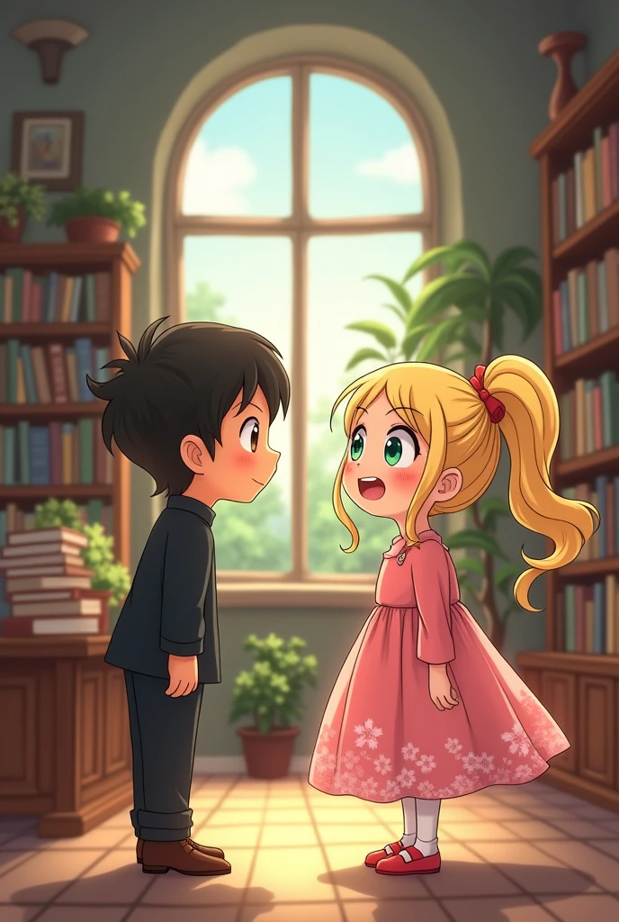 A woman with 2D anime style, blonde hair with highlights of lighter blonde, hair tied in a ponytail, round face with big cheeks, gorda, wearing a dress with pink flowers. she has green eyes. She is talking to a tall boy, with medium length black hair and blue eyes, wearing black clothes and with brown skin tone, in a library.