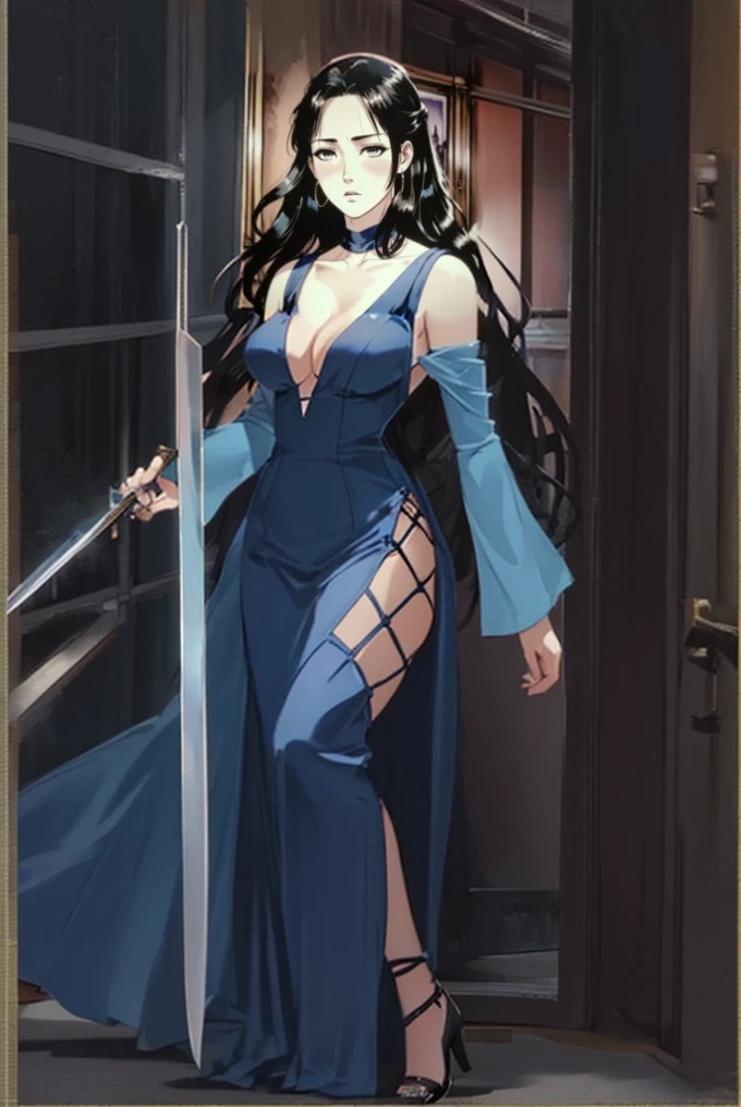 anime image of a woman in a blue dress with holding a blade, anime visual of a young woman, seductive anime woman, big boob, long skirt, off sleeve dress, black high heels, standing