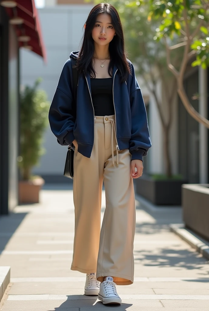 Can you give me an outfit photo of white converse ,zip up navy hoodie black tank top,and beige wide jeans on a 20 age girl with straight black hair in a girly way