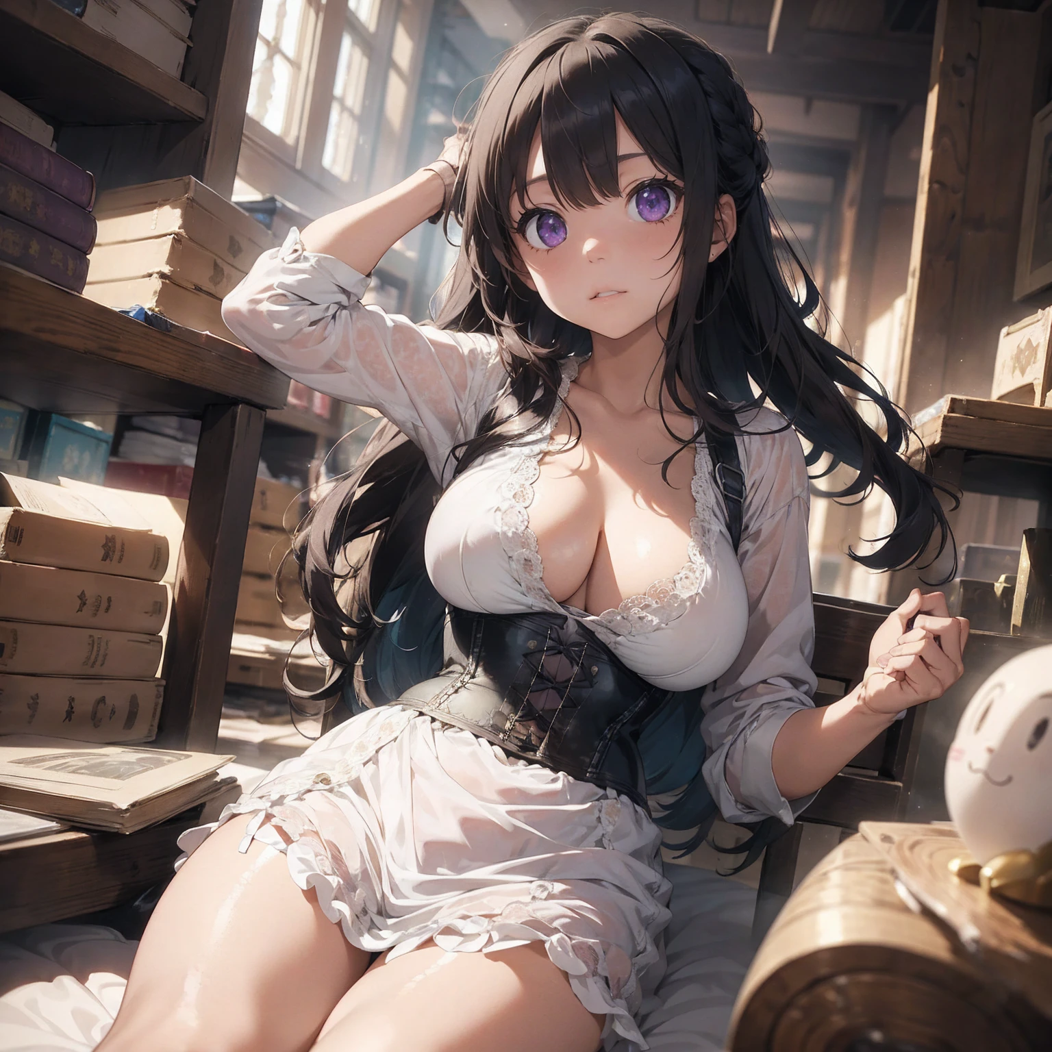 (Absurd Resolution:1.2), (ultra delicate:1.2), (masterpiece:1.2), (Photorealistic), (top-quality), BREAK Snow White asks in front of the mirror, Glowing magic circle, BREAK(cute 1girl), (ager), (finely detailed eyes and finely detailed face:1.2), BREAK (ultra fine-Purple-cute-eyes:1.3), (Expression ultra detailed Glitter Pupil), (ultra detailed Expression eyelashes), BREAK (ultra delicate white bob cut hair, parted bangs), (beautiful Glossy lips), BREAK (slim body and gigantic breasts:1.3), narrow waist, leggy, curvy is body without muscles, BREAK (glossy realistic pale skin texture:1.2), (sweaty skin:0.4), precise anatomy, (4 defined fingers), (1 defined thumb), beautiful breathtaking expression, BREAK (intricate-corset-dress, Garter belt stockings:1.2),Ribbon on the back of the head , BREAK Seductive pose, (Crisp focus, eye focus:1.2), (full body shot, shoot from front, high angle shot), vibrant colors, professional lighting, BREAK Inside a ultra delicate Luxurious palace, 