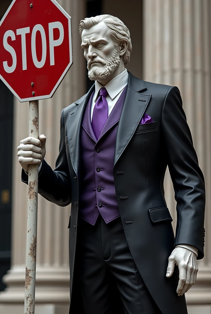 Greek statue dressed in a black suit with purple details holding a traffic sign that says STOP