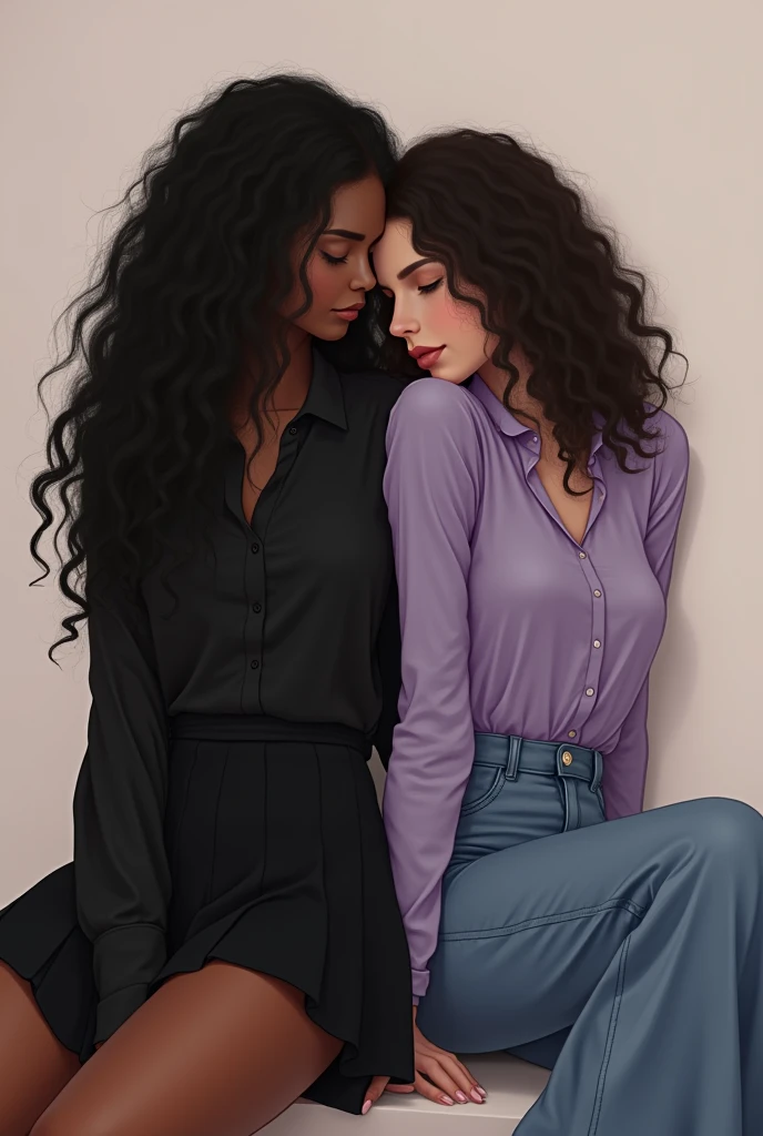 Two girls,sitting side by side with their backs to each other ,one has her head lying on the other&#39;s shoulder, one of the girls has long curly hair, wears a black blouse with a short black flared skirt and is black,while the other is white and is wearing a lilac blouse with wide jeans