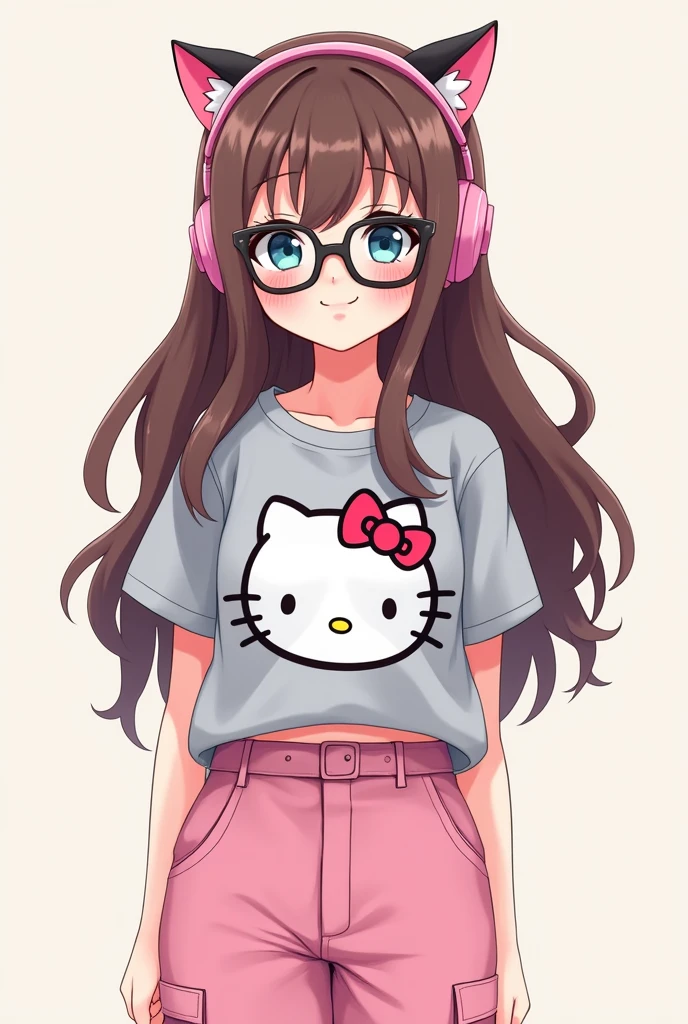 (preteen female anime character long brown hair pink cat headphones black glasses grey hello kitty shirt pink cargo pants