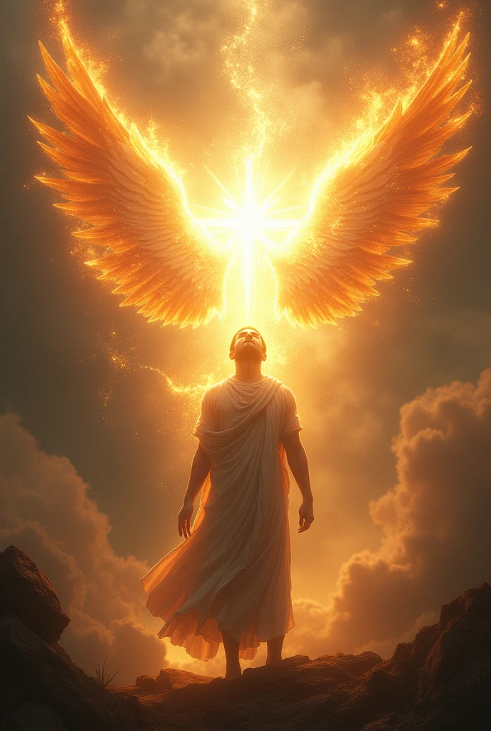 I want to see a realistic image of the shining and bright Holy Spirit and a divine fire around it. Winged a sad man who needs strength