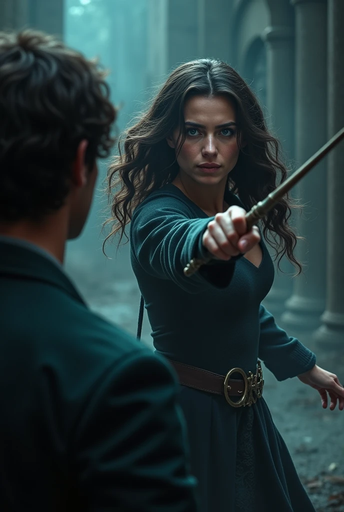 A woman with wavy dark brown hair and blue eyes pointing her wand at a man with his back turned, her gaze showing suffering. Don't focus on the man's face