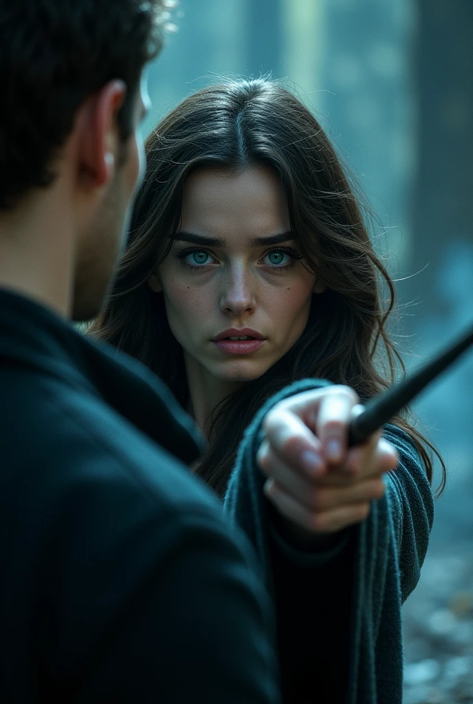 A woman with wavy dark brown hair and blue eyes pointing her wand at a man with his back turned, her gaze showing suffering. Don't focus on the man's face