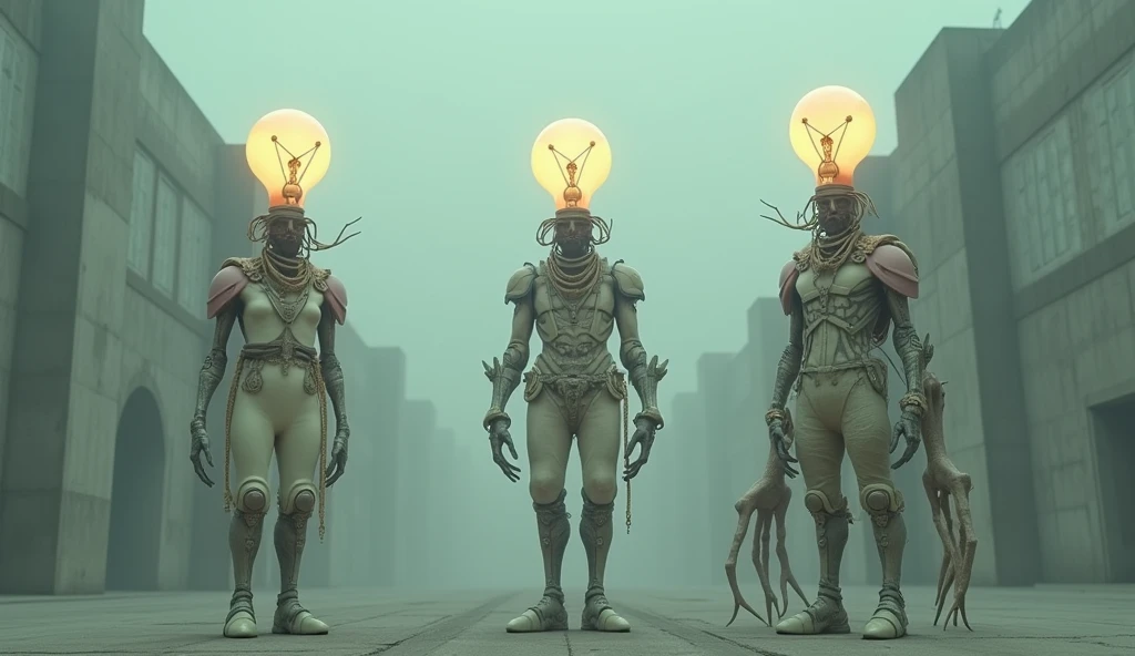 Top quality, masterpiece, cement building background, complex machine room interior background, pastel colors, three creatures with light bulbs as heads, complex mechanical bodies, science fiction, detailed science, life science, pastel colors, wearing complex and delicate clothes, detailed image texture, bizarre, horror, creepy atmosphere (not AI image), cloudy weather, pastel colors, foggy, low saturation image