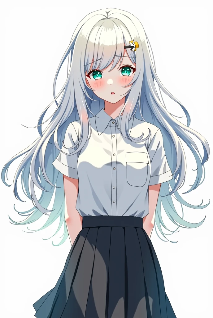 masterpiece, best quality, 1girl, looking at viewer, hair between eyes, aqua eyes, white hair, long hair, ribbon, hair ribbon, school uniform, pleated skirt, white shirt, black skirt, short sleeves, arms behind back, embarrassed, blush,