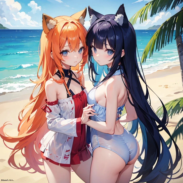 ((best quality)), (Ultra Detailed), ((Extremely detailed)), (fair), ((Kawaii girl)), ((Ultra HD)), (masterpiece), (high quality), (best quality), (4K), (high quality), (2 girls), (Hug each other),Parted bangs, ((Hair intake)), Long hair, (Random Hairstyle), Larger breasts, slim body, (one piece swimsuit), (Transparent fabric) Revealing underwear super short transparent skirt succubus normal arms